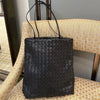 women leather woven tote bag for commuting Black