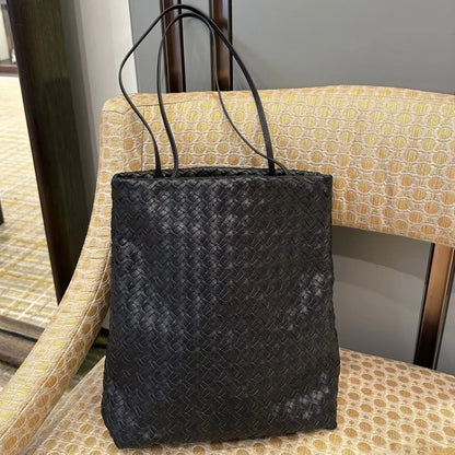 women leather woven tote bag for commuting Black