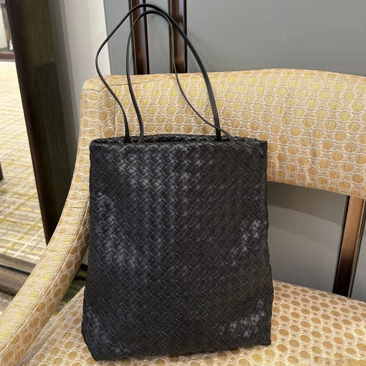 women leather woven tote bag for commuting Black