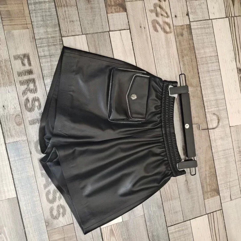 Genuine leather high waisted women shorts Black S