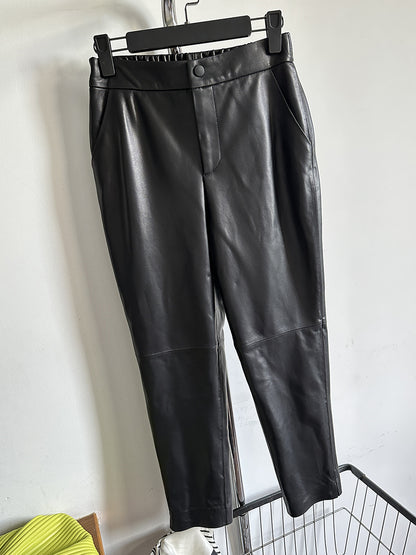 Womens genuine leather high waisted cropped pants Black S