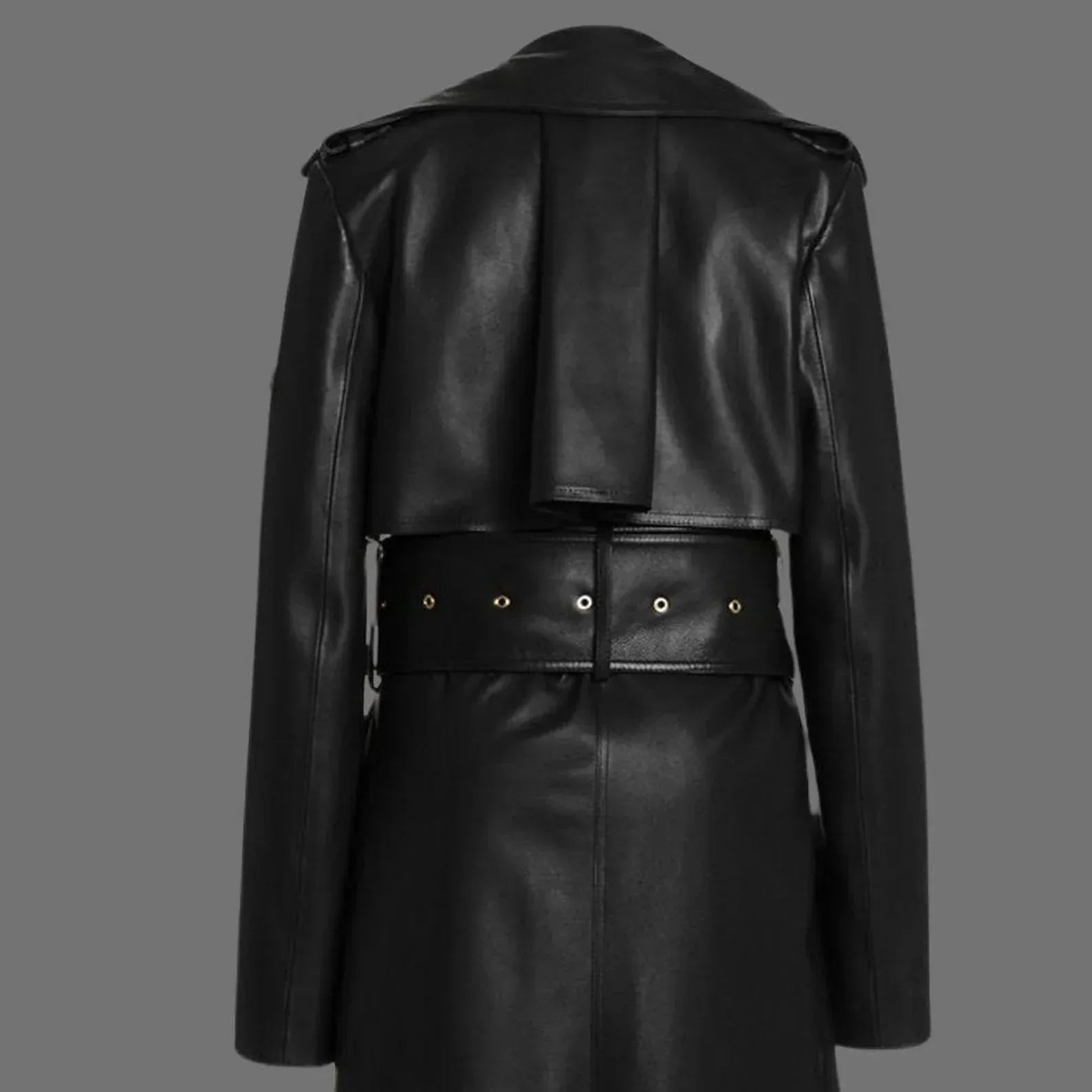 Black Leather Trench Coat Womens Long Belted Double Breasted