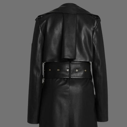 Black Leather Trench Coat Womens Long Belted Double Breasted
