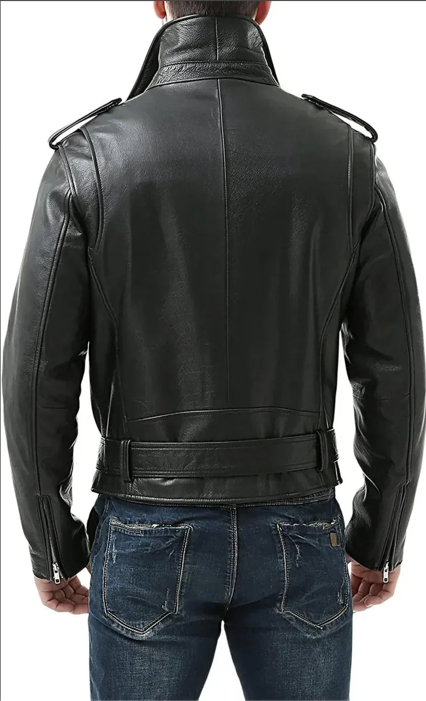 mens leather biker jacket belted waist black motorcycle style