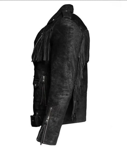 Black Suede Fringe Jacket Mens Western Biker Fringe Jacket