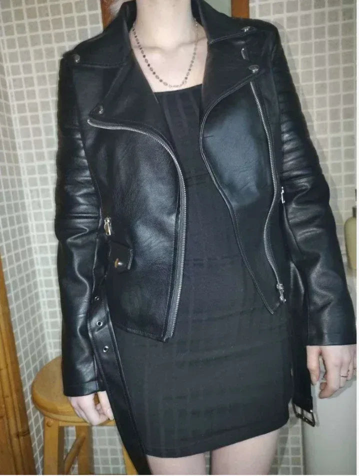 brown faux leather biker jacket women belted cropped fit