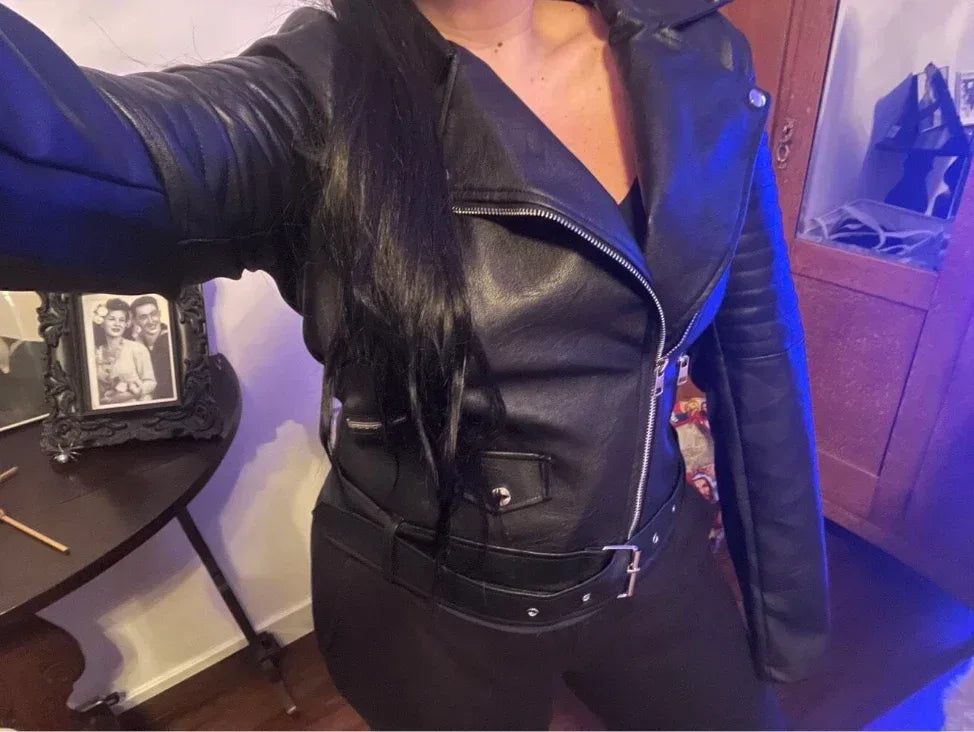 brown faux leather biker jacket women belted cropped fit