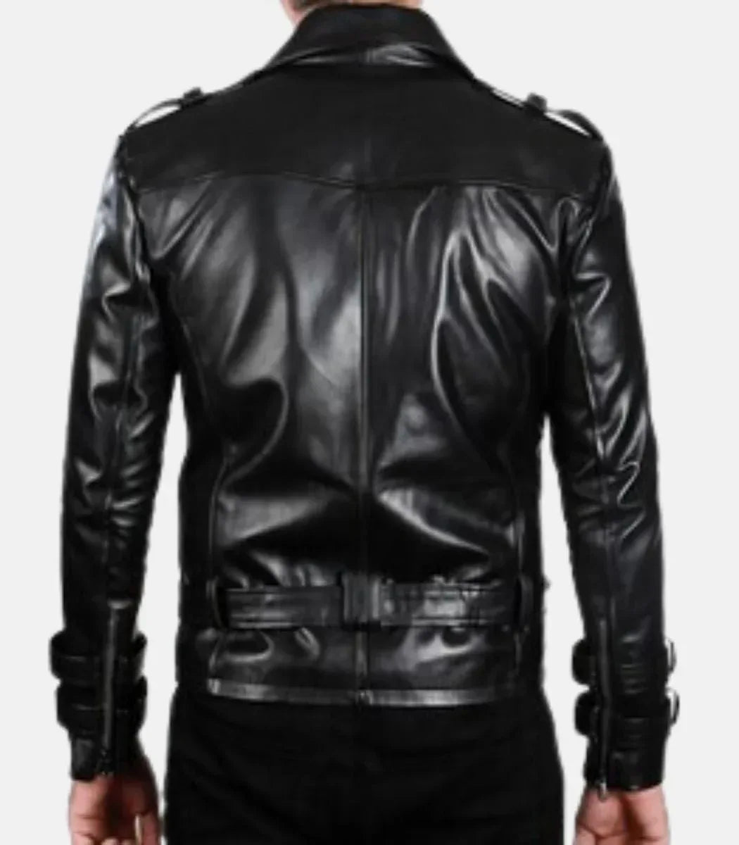 motorcycle black leather jacket mens belted biker style