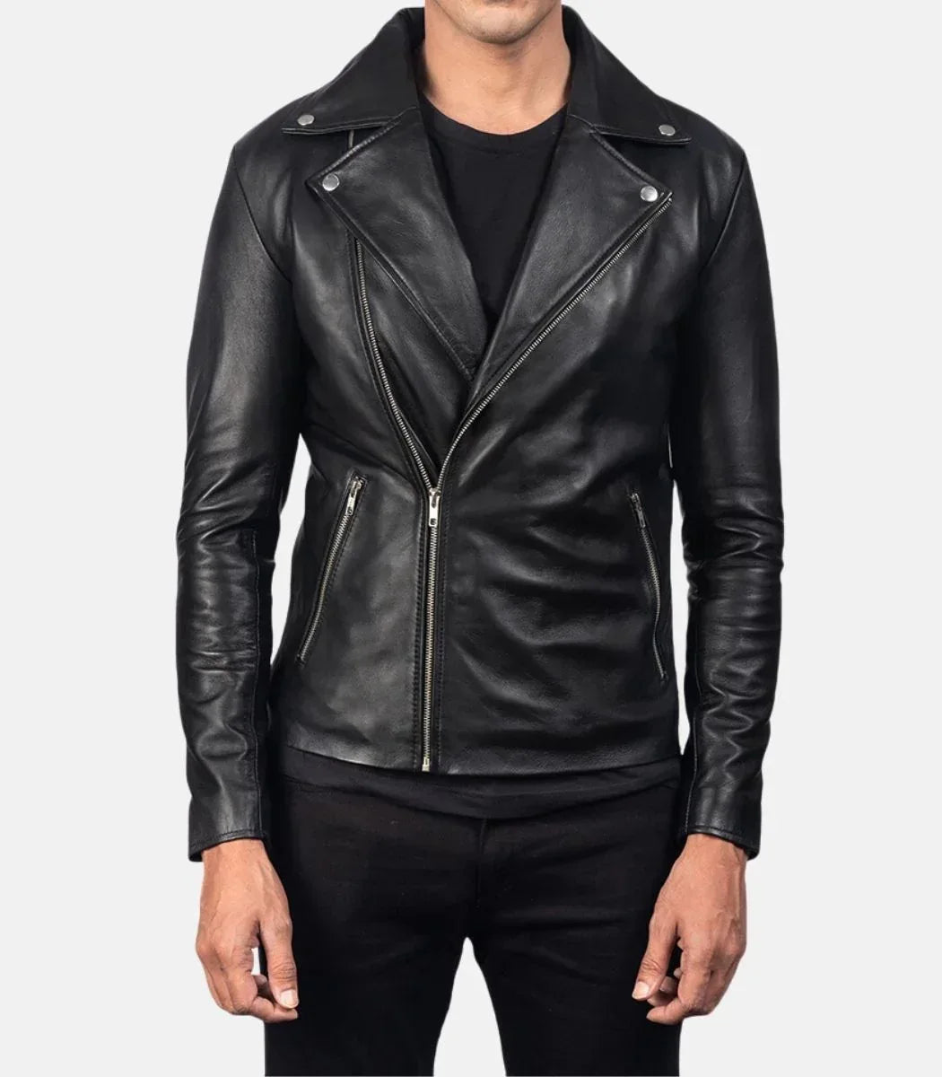 Men’s black leather biker jacket genuine sheepskin