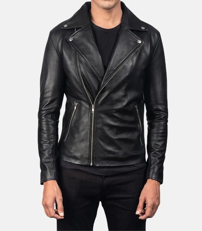 Men’s black leather biker jacket genuine sheepskin