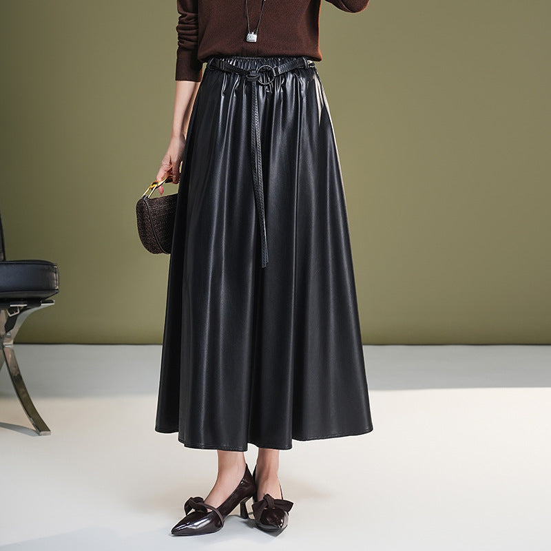 Leather maxi skirt with belt