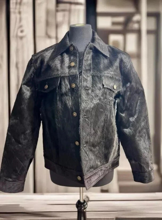 Real cowhide jacket with natural hair-on finish in black. Unique grain, handcrafted detail, and strong appeal for both men and women’s fashion.
