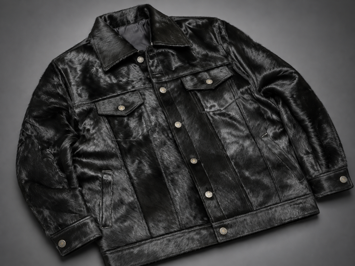 Black Cowhide Jacket in Genuine Hair-On Leather for Men