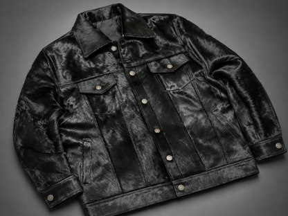Black Cowhide Jacket in Genuine Hair-On Leather for Men
