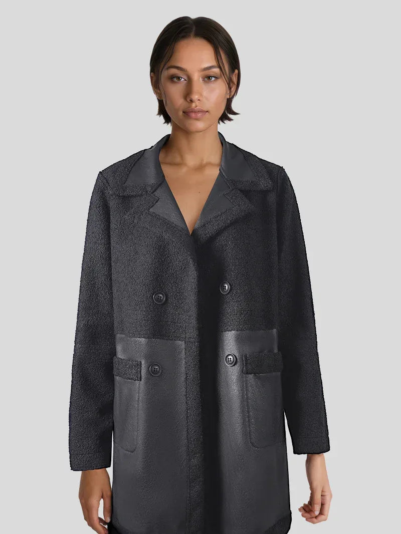 Faux Leather Coat Women Shearling Trim Mid Length Black