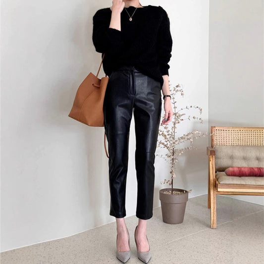 Black high waist cropped faux leather pants women