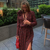 women floral midi dress v neck slit waist tie