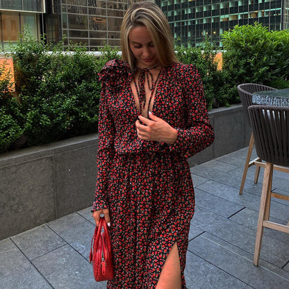 women floral midi dress v neck slit waist tie