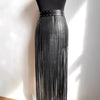Black leather fringe maxi skirt with studded waist belt