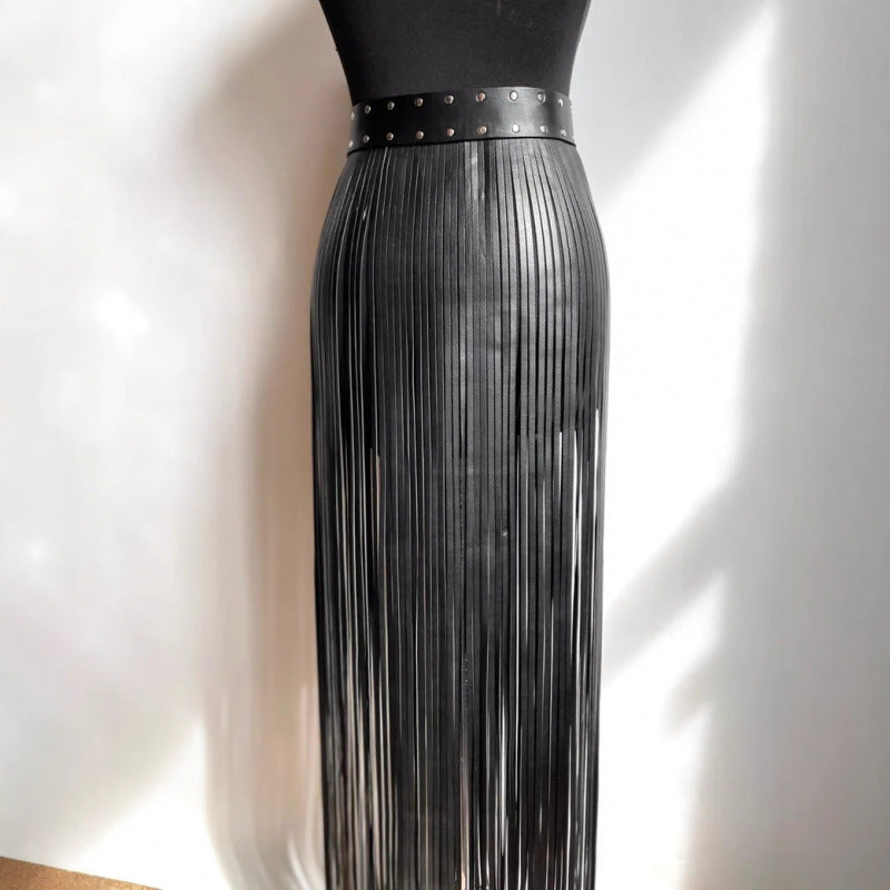 Black leather fringe maxi skirt with studded waist belt