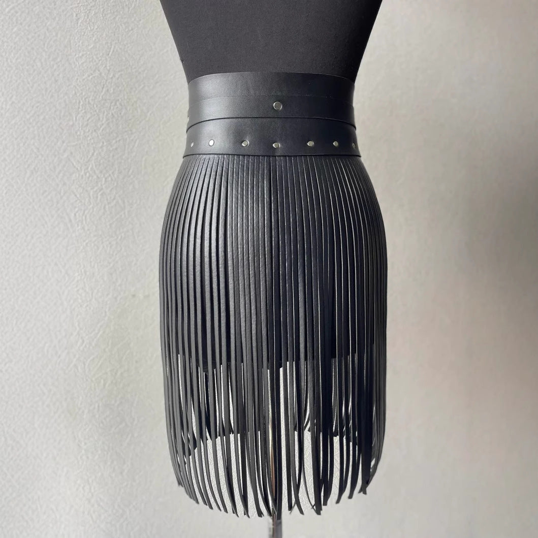 Women red fringe faux leather belt skirt high waist tassel design