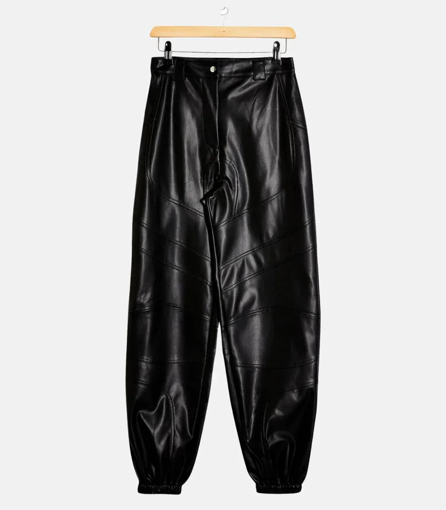Women black genuine leather trousers high waist slim fit
