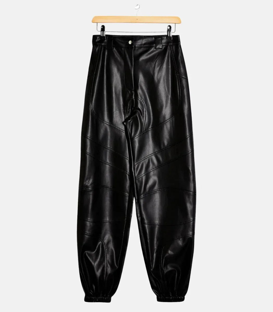 Women black genuine leather trousers high waist slim fit