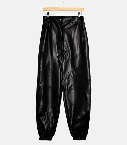Women black genuine leather trousers high waist slim fit