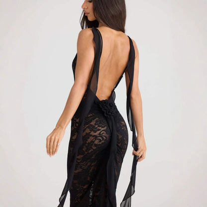 Backless lace maxi dress with ribbon straps for women