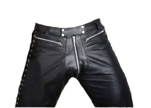 leather pants mens side lace up biker style with slim fit structure