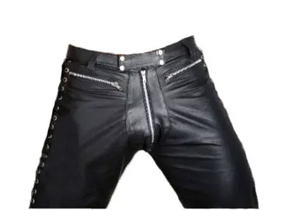 leather pants mens side lace up biker style with slim fit structure
