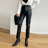 Black high waisted straight leg faux leather pants women
