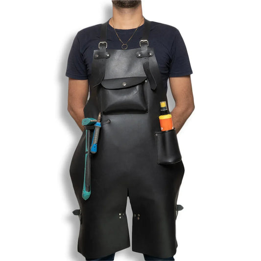 Black Leather Apron with Pockets for Workshop and BBQ