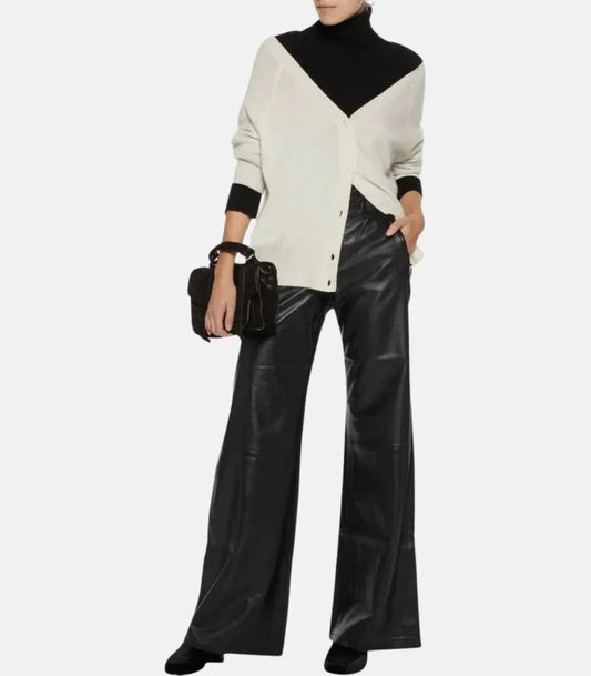 black leather baggy pants women relaxed wide leg fit with smooth real leather texture and modern silhouette  
