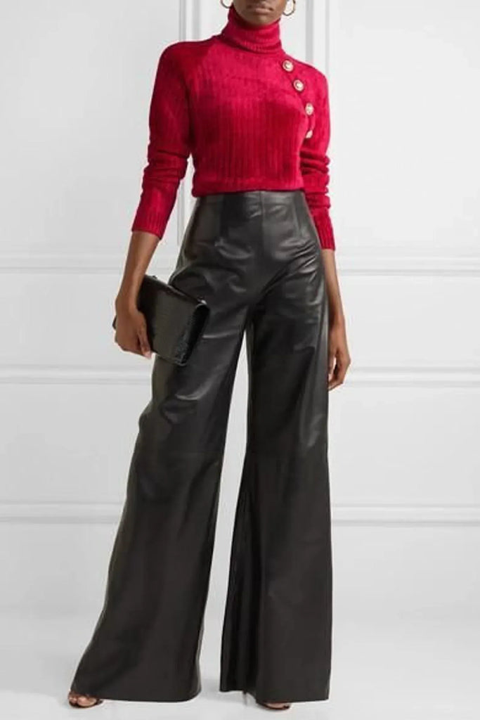 Black Leather Bell Bottom Pants Women High Waist Wide Leg