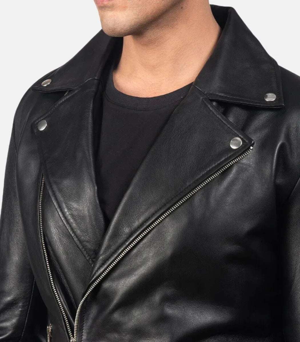 Men’s black leather biker jacket genuine sheepskin