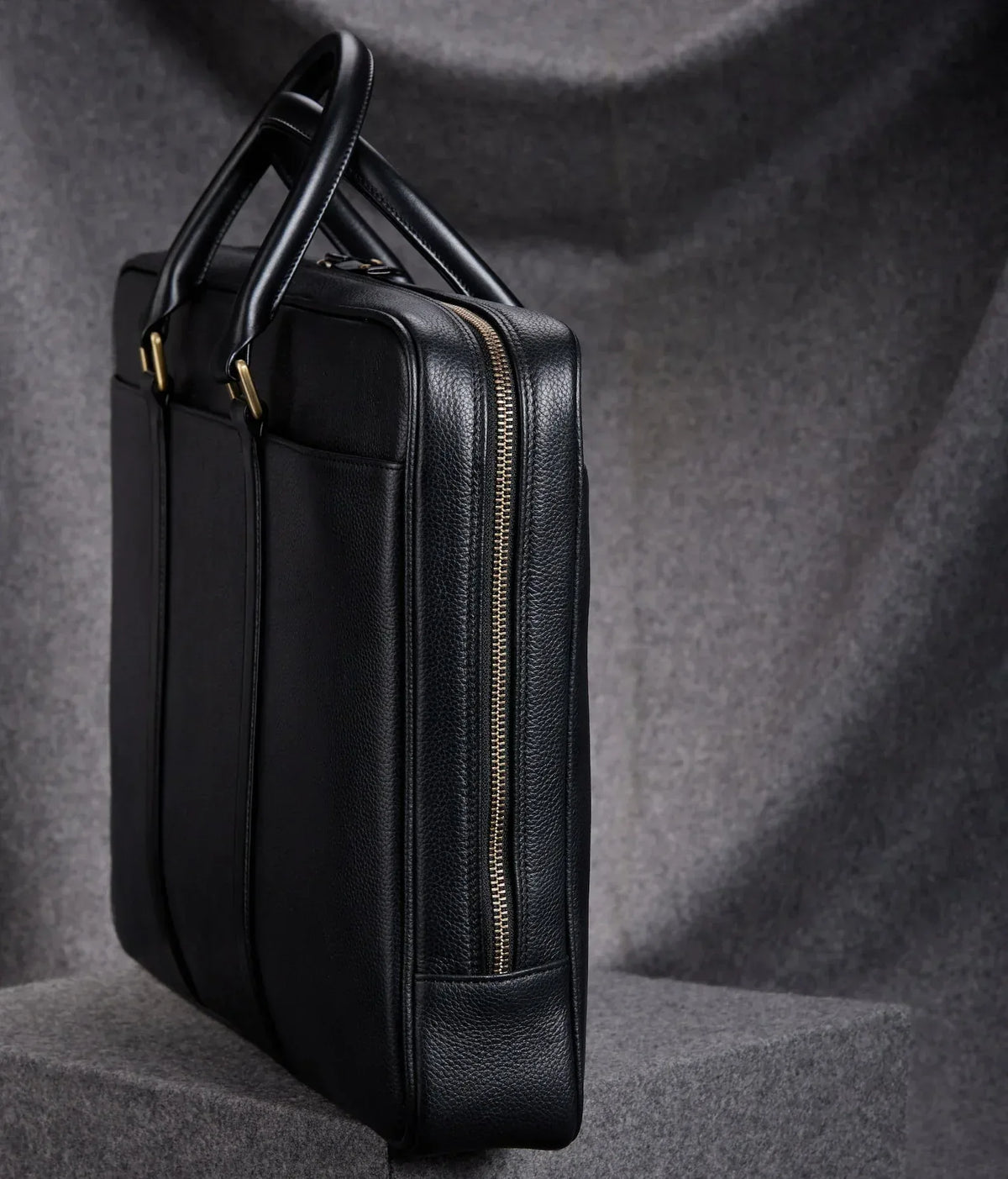 Black Leather Briefcase for Men with Double Handles and Laptop Storage