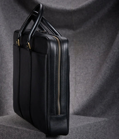 Black Leather Briefcase for Men with Double Handles and Laptop Storage