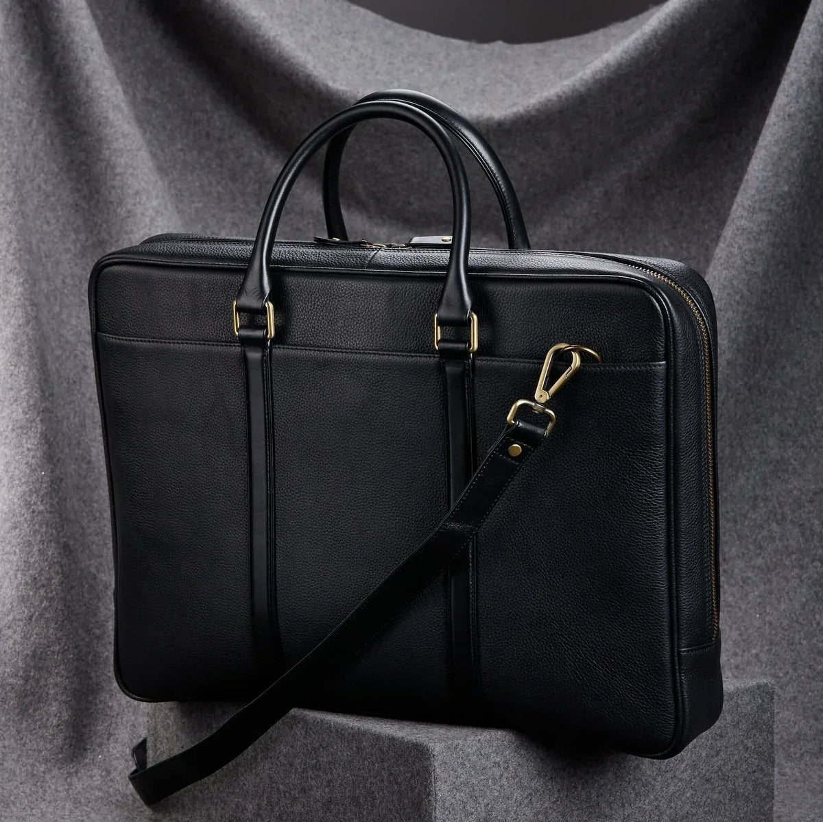 Black Leather Briefcase for Men with Double Handles and Laptop Storage