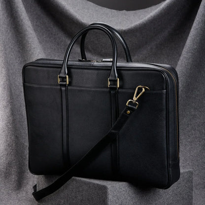 Black Leather Briefcase for Men with Double Handles and Laptop Storage
