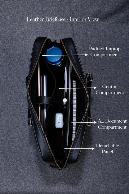 Black Leather Briefcase for Men with Double Handles and Laptop Storage