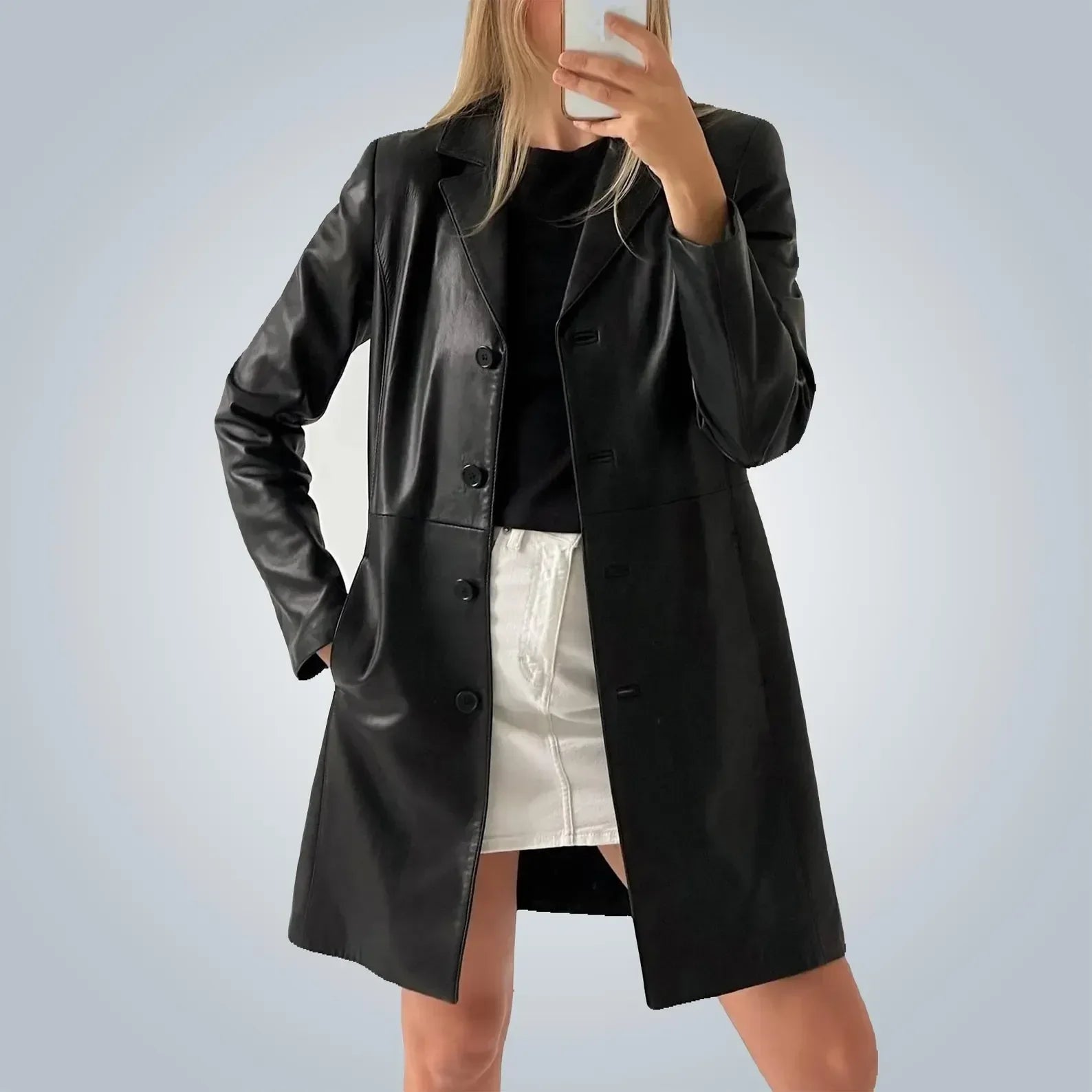 Black Leather Trench Coat Womens Mid Length Button Coat