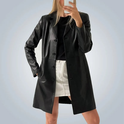 Black Leather Trench Coat Womens Mid Length Button Coat