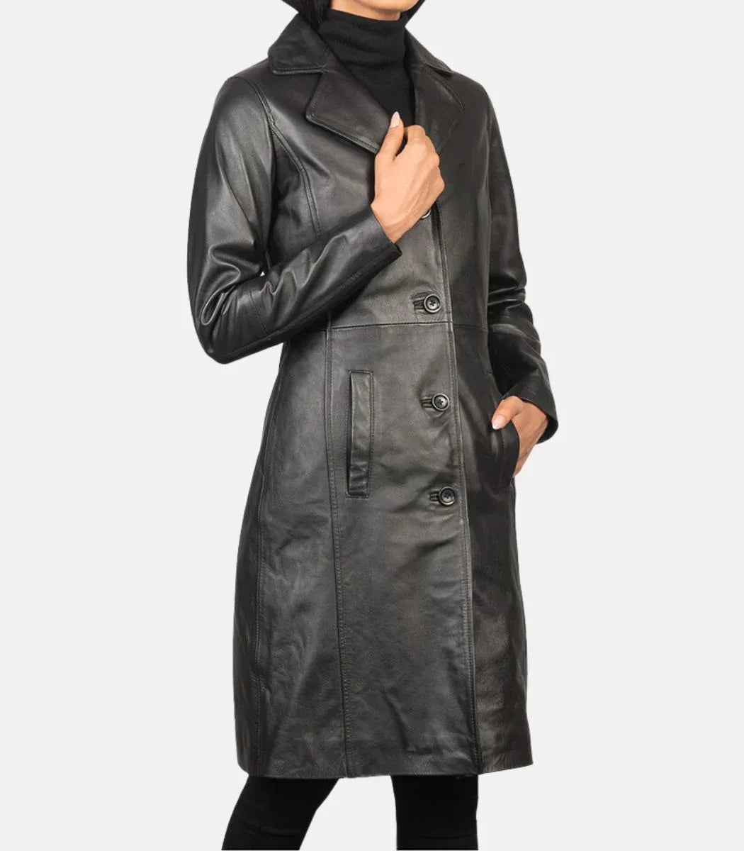 Womens Black Leather Trench Coat Long Genuine Leather Coat