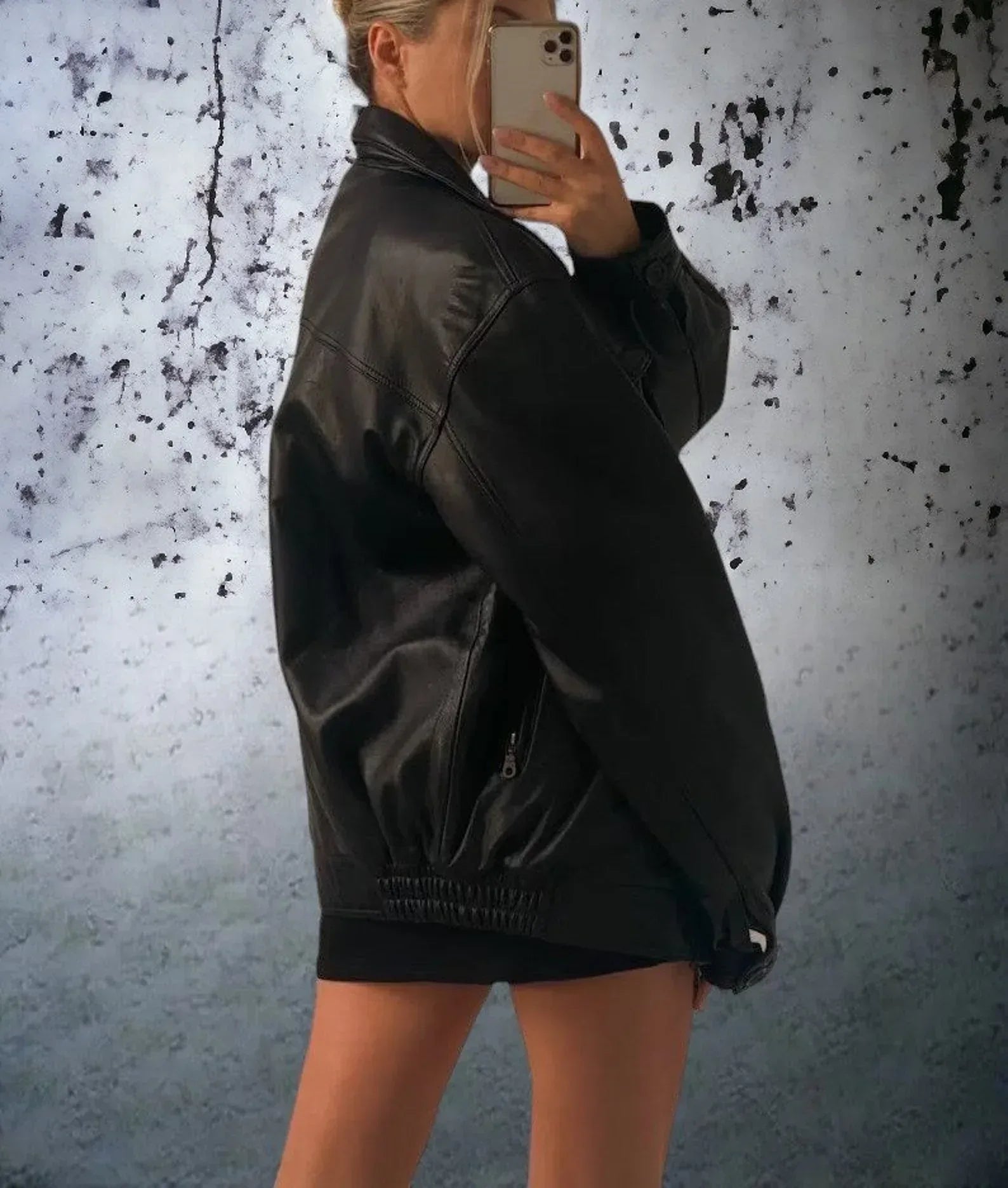Womens Classic Oversized Biker Leather Jacket Black