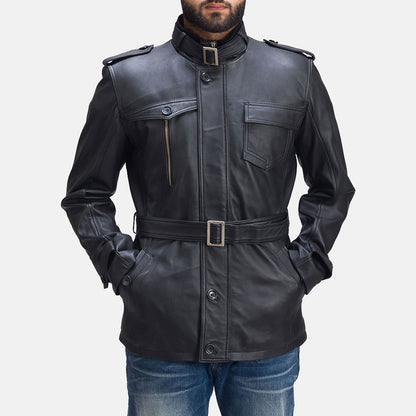 Black leather jacket with minimalistic design, displayed on a hanger against a neutral backdrop.