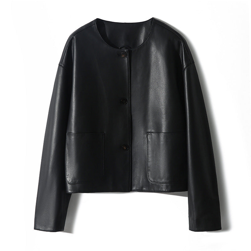 Round neck cropped sheepskin leather jacket