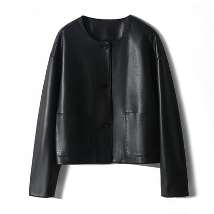 Round neck cropped sheepskin leather jacket