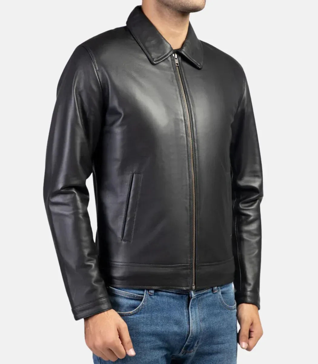 real leather jacket black men casual outfit layering