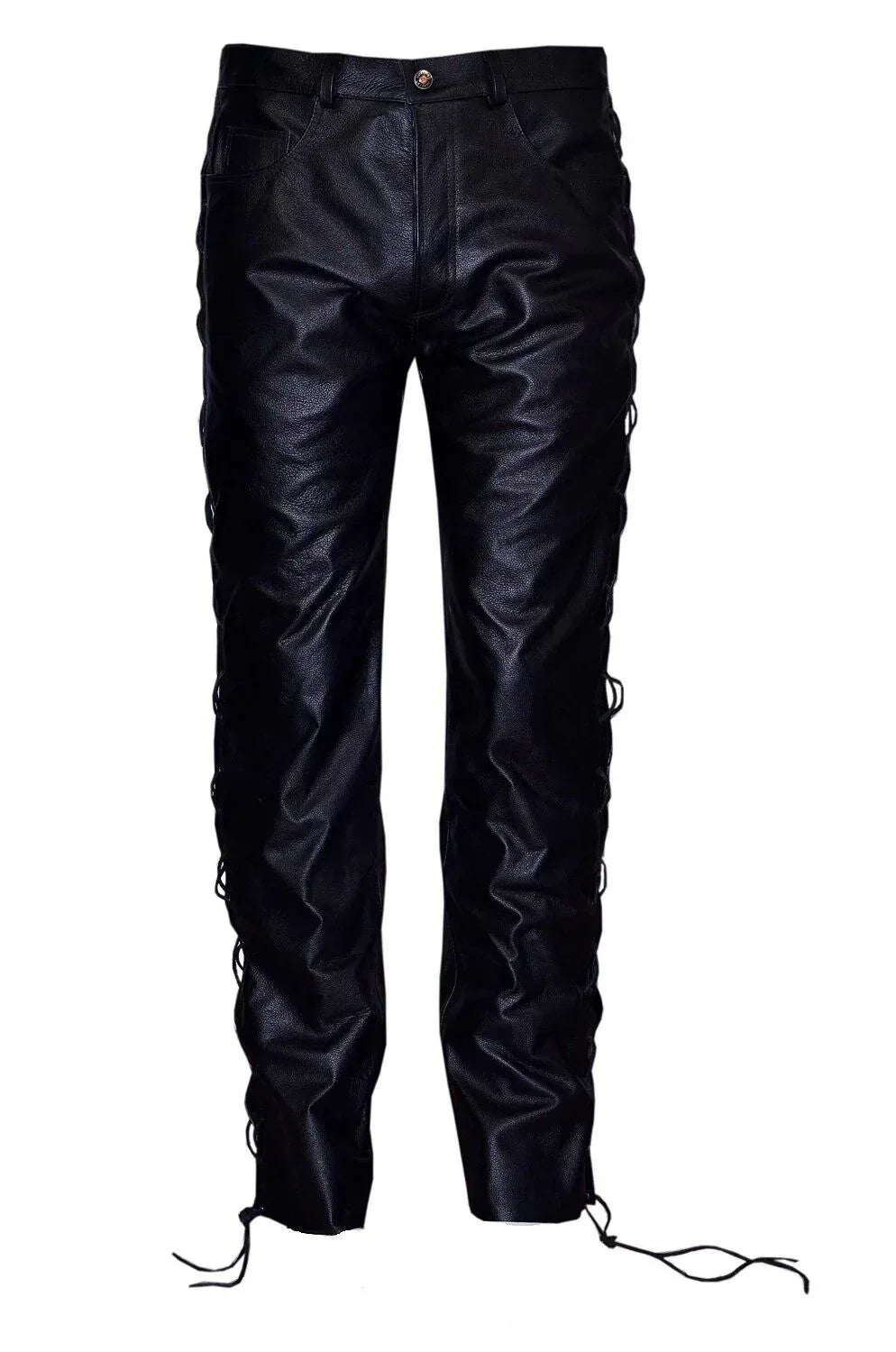 Laced leather pants real black biker pants with lace up sides for men